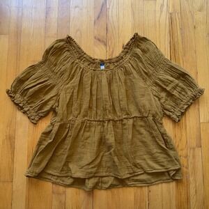 NEW Old Navy Blouse XXL Yellow Puff Sleeve Peplum Tunic Top Boho Cotton Gauze